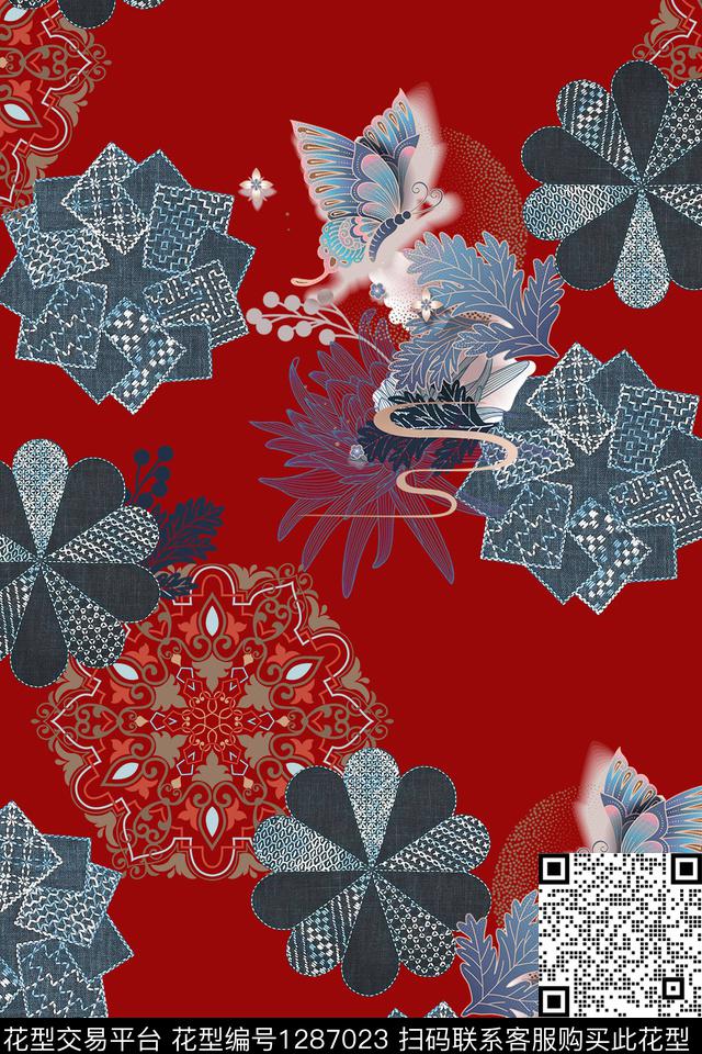 民族风蝴蝶纯色底数码印花华亿平台下载（图片编号: 1287023） - 瓦栏（Walan）