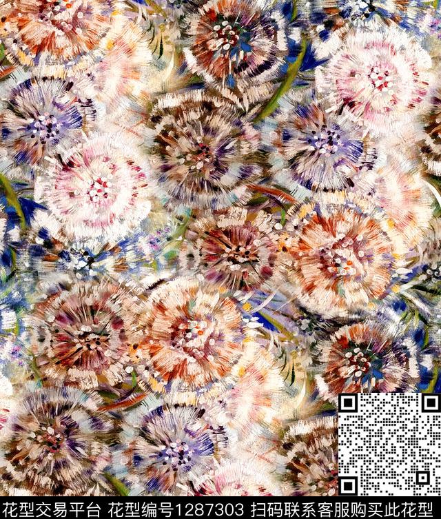 郁金香蒲公英手绘花卉数码印花华亿平台下载（图片编号: 1287303） - 瓦栏（Walan）