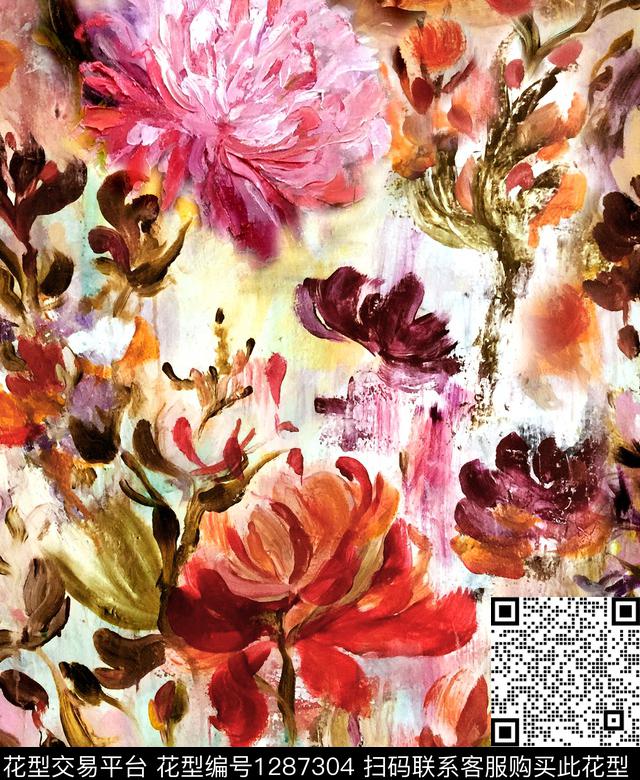 手绘花卉数码印花华亿平台下载（图片编号: 1287304） - 瓦栏（Walan）