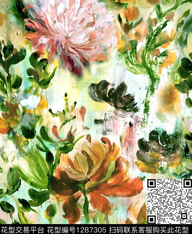 郁金香蒲公英手绘花卉数码印花华亿平台下载（图片编号: 1287305） - 瓦栏（Walan）