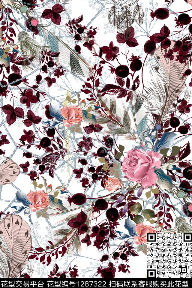 玫瑰花水彩羽毛数码印花华亿平台下载（图片编号: 1287322） - 瓦栏（Walan）