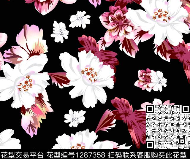 女装花卉黑底花卉传统印花华亿平台下载（图片编号: 1287358） - 瓦栏（Walan）