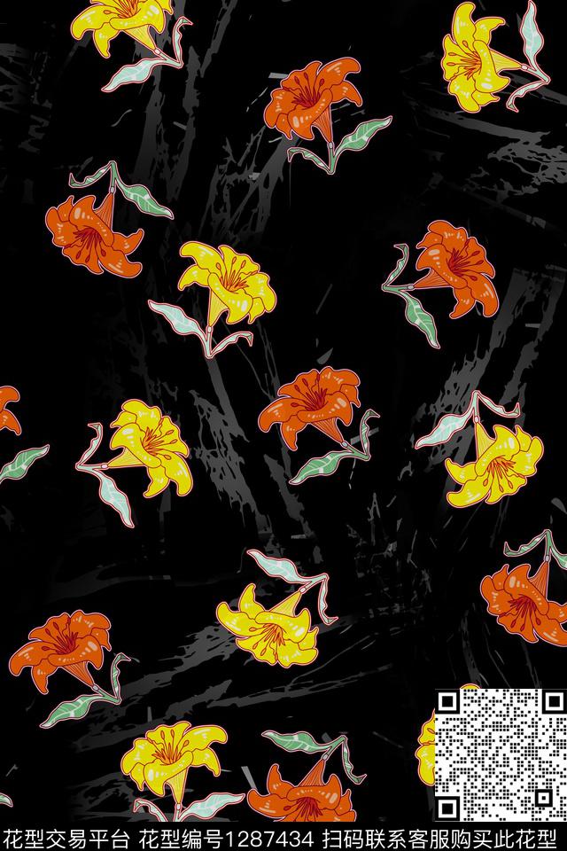 花卉抽象手绘传统印花华亿平台下载（图片编号: 1287434） - 瓦栏（Walan）