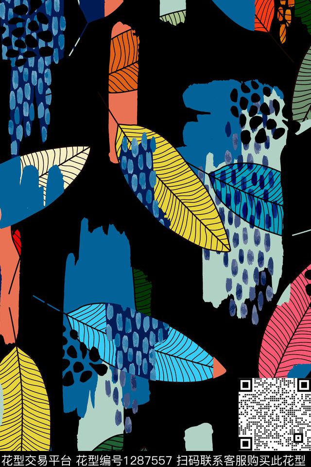 涂鸦几何花卉数码印花华亿平台下载（图片编号: 1287557） - 瓦栏（Walan）