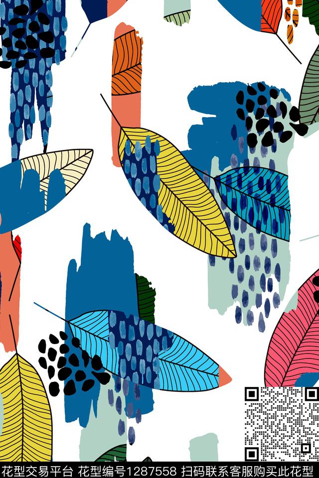 涂鸦几何花卉数码印花华亿平台下载（图片编号: 1287558） - 瓦栏（Walan）