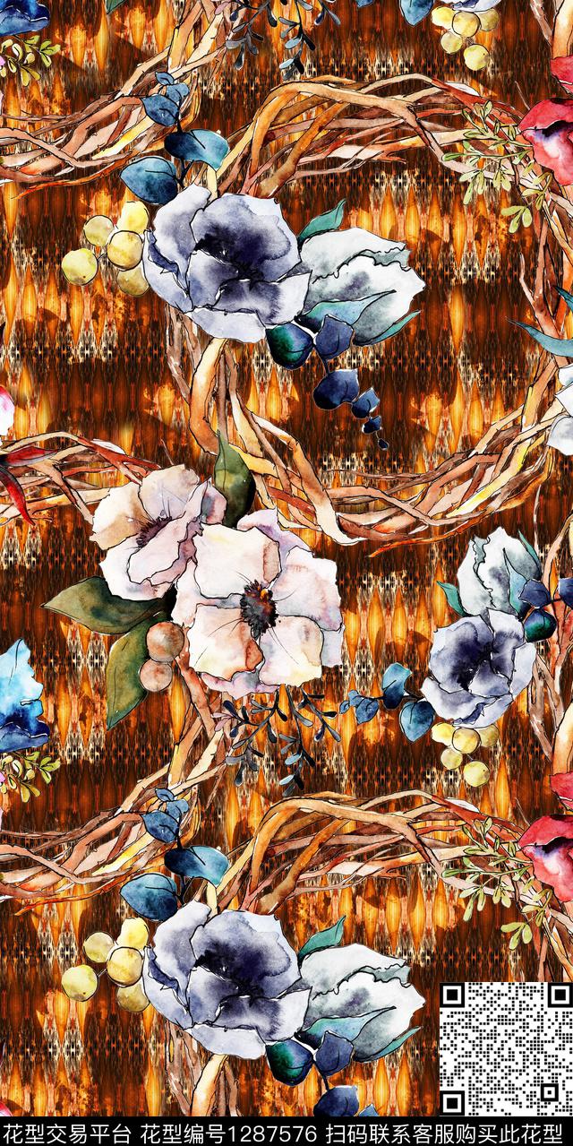 数码华亿平台民族花卉大牌风数码印花华亿平台下载（图片编号: 1287576） - 瓦栏（Walan）