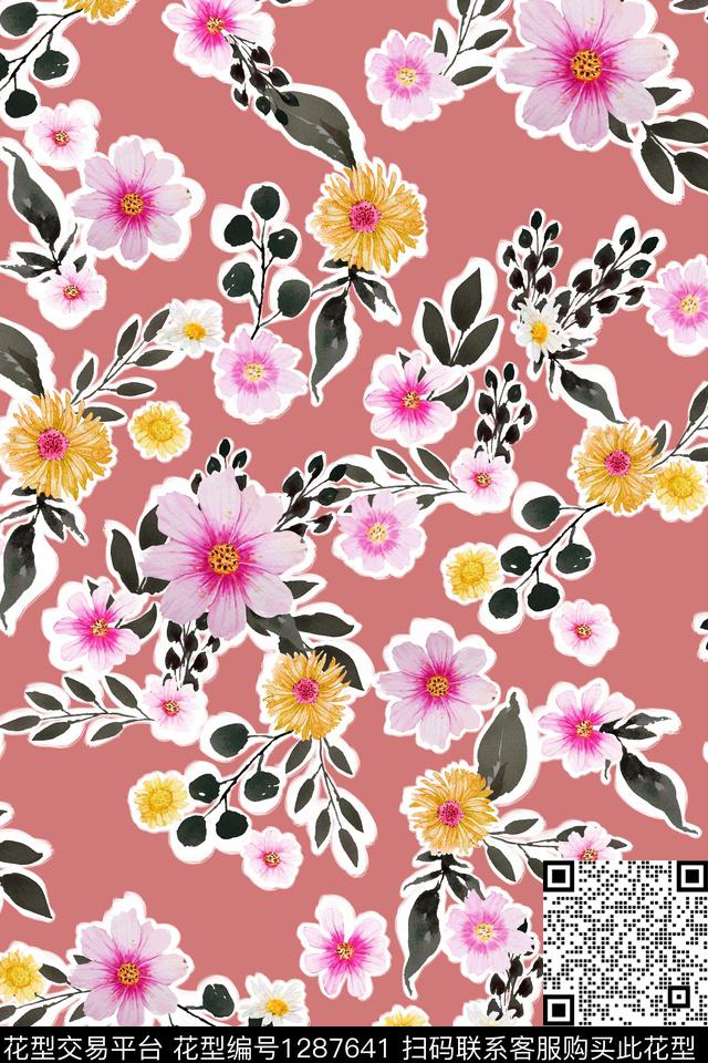 花卉水彩花卉白色勾边数码印花华亿平台下载（图片编号: 1287641） - 瓦栏（Walan）
