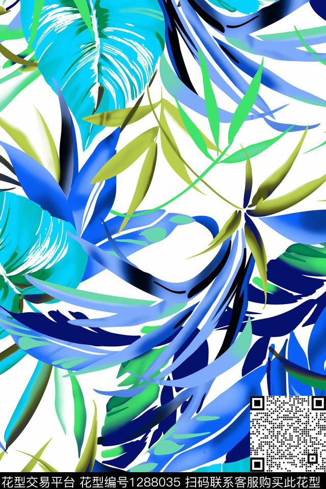 叶子组合蓝色系列传统印花华亿平台下载（图片编号: 1288035） - 瓦栏（Walan）