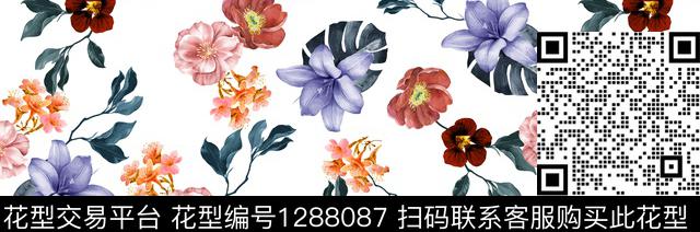 花卉百合龟背叶数码印花华亿平台下载（图片编号: 1288087） - 瓦栏（Walan）