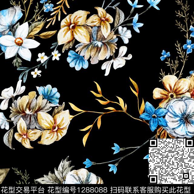 水彩花卉黑底花卉数码印花华亿平台下载（图片编号: 1288088） - 瓦栏（Walan）