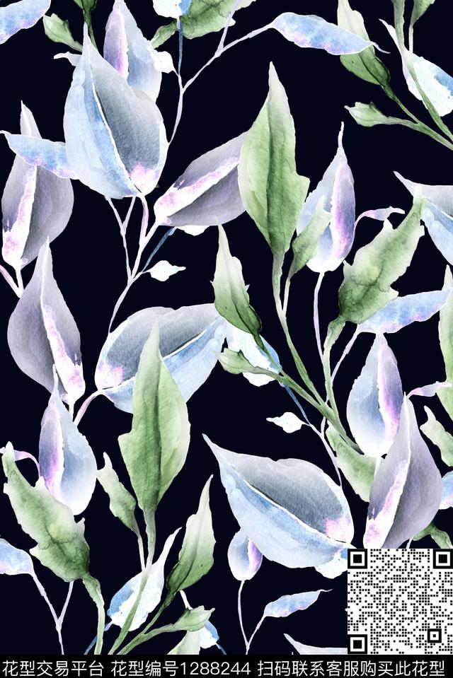 黑底花卉女装绿植树叶数码印花华亿平台下载（图片编号: 1288244） - 瓦栏（Walan）