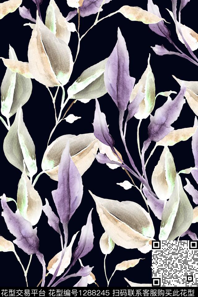 黑底花卉女装绿植树叶数码印花华亿平台下载（图片编号: 1288245） - 瓦栏（Walan）