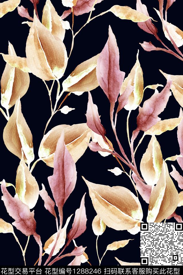 黑底花卉女装绿植树叶数码印花华亿平台下载（图片编号: 1288246） - 瓦栏（Walan）
