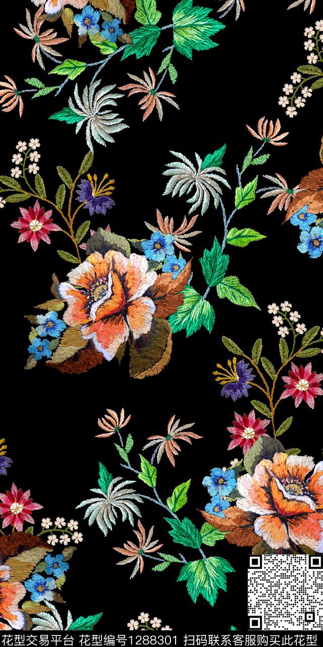 黑底花卉花卉小碎花数码印花华亿平台下载（图片编号: 1288301） - 瓦栏（Walan）
