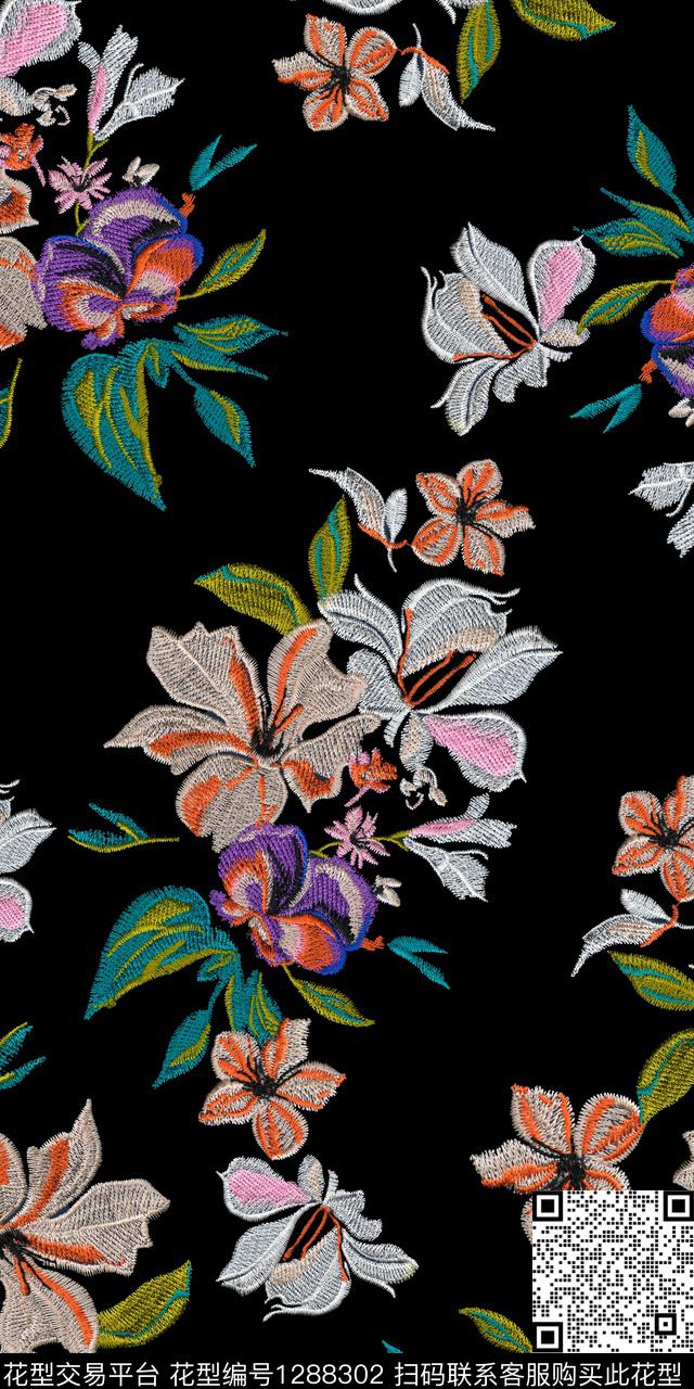 花卉黑底花卉绣花华亿平台数码印花华亿平台下载（图片编号: 1288302） - 瓦栏（Walan）