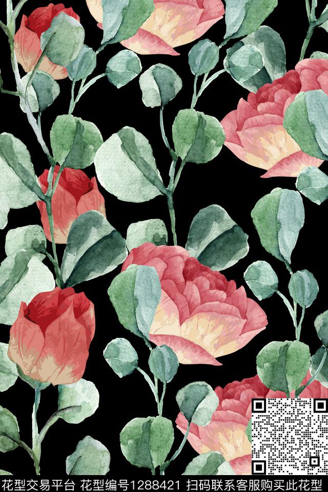 黑底花卉女装花卉数码印花华亿平台下载（图片编号: 1288421） - 瓦栏（Walan）
