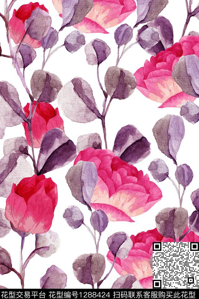 黑底花卉女装花卉数码印花华亿平台下载（图片编号: 1288424） - 瓦栏（Walan）