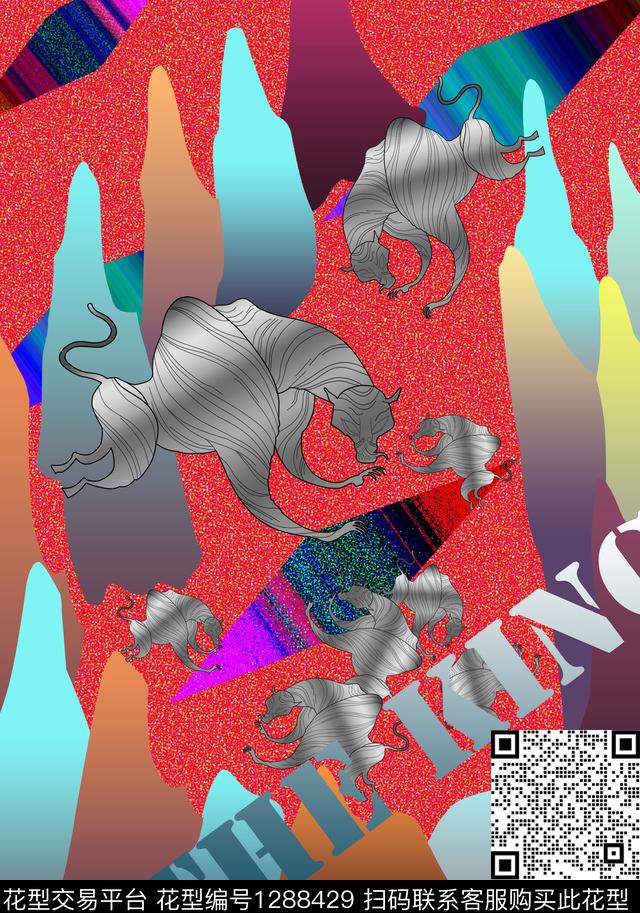 卡通动物复古几何数码印花华亿平台下载（图片编号: 1288429） - 瓦栏（Walan）