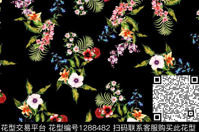 黑底花卉花卉绿植树叶数码印花华亿平台下载（图片编号: 1288482） - 瓦栏（Walan）