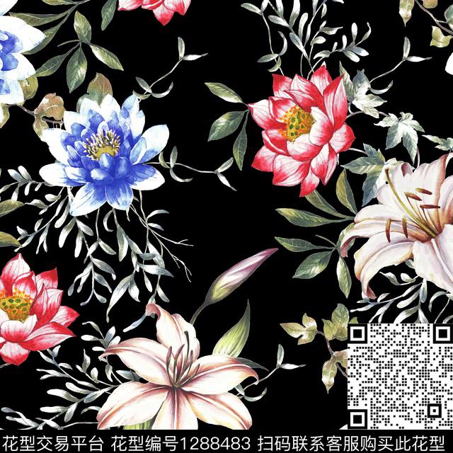 花卉绿植树叶黑底花卉数码印花华亿平台下载（图片编号: 1288483） - 瓦栏（Walan）