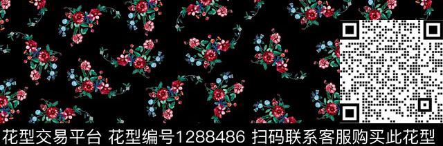 花卉红花绿叶黑底花卉数码印花华亿平台下载（图片编号: 1288486） - 瓦栏（Walan）