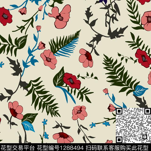 花卉抽象米色底数码印花华亿平台下载（图片编号: 1288494） - 瓦栏（Walan）