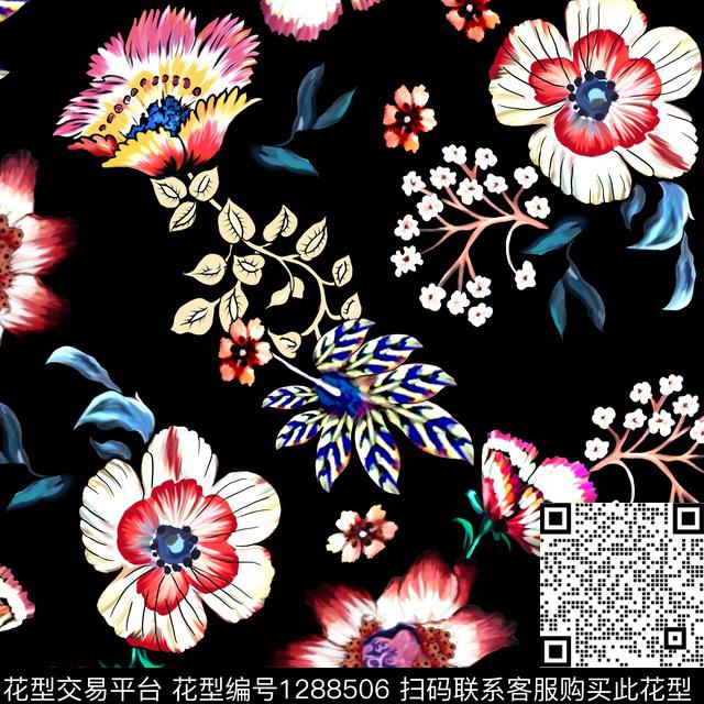 花卉手绘黑底花卉数码印花华亿平台下载（图片编号: 1288506） - 瓦栏（Walan）