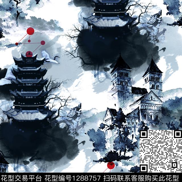 水墨风大牌风铁塔数码印花华亿平台下载（图片编号: 1288757） - 瓦栏（Walan）