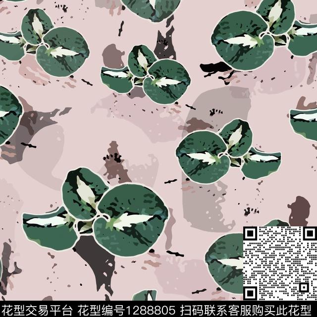 绿植树叶抽象白色勾边数码印花华亿平台下载（图片编号: 1288805） - 瓦栏（Walan）