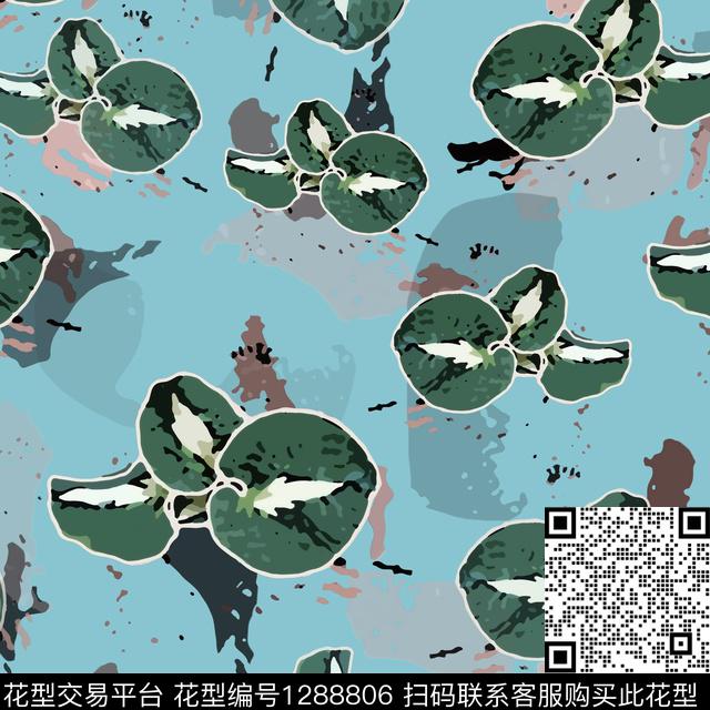 绿植树叶抽象白色勾边数码印花华亿平台下载（图片编号: 1288806） - 瓦栏（Walan）