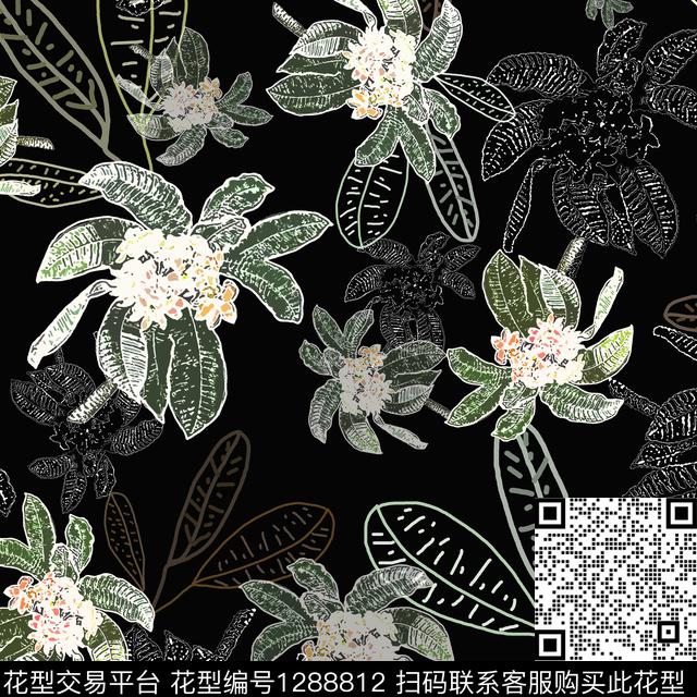 绿植树叶植物白色勾边传统印花华亿平台下载（图片编号: 1288812） - 瓦栏（Walan）