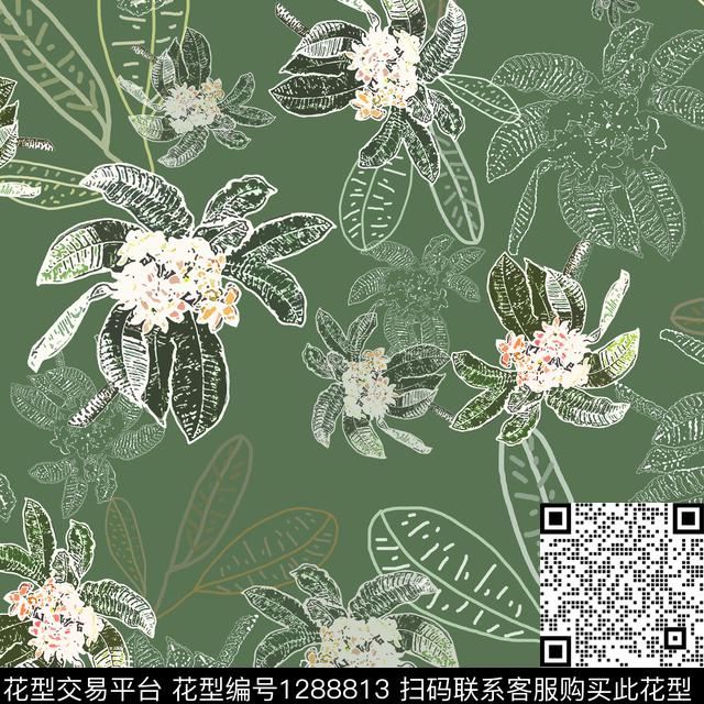 绿植树叶植物白色勾边传统印花华亿平台下载（图片编号: 1288813） - 瓦栏（Walan）