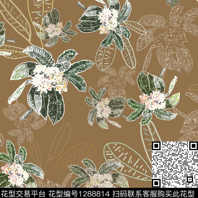 绿植树叶植物白色勾边传统印花华亿平台下载（图片编号: 1288814） - 瓦栏（Walan）