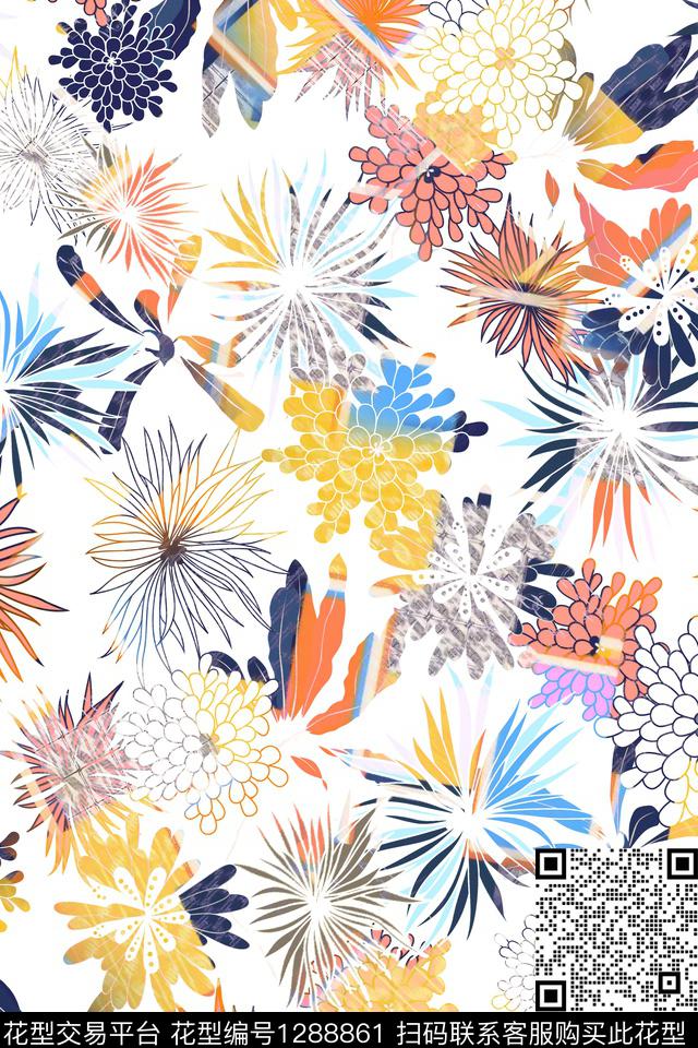 抽象花卉白底花满版散花数码印花华亿平台下载（图片编号: 1288861） - 瓦栏（Walan）