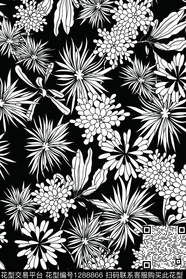 抽象线条花卉黑白华亿平台传统印花华亿平台下载（图片编号: 1288866） - 瓦栏（Walan）