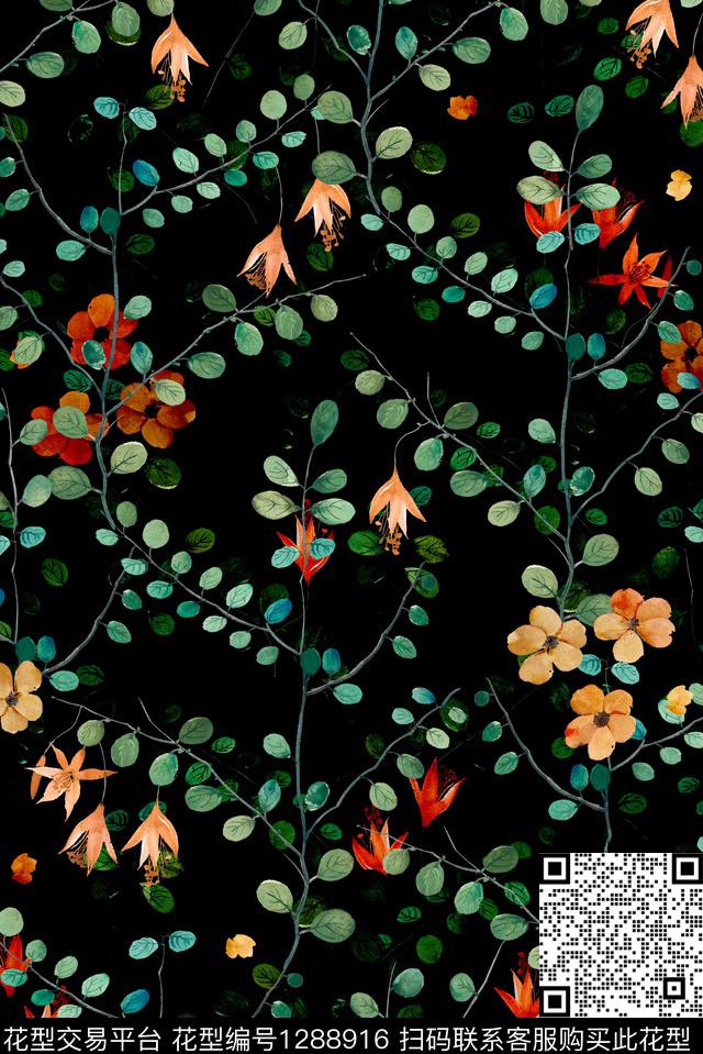 黑底花卉花卉大牌风数码印花华亿平台下载（图片编号: 1288916） - 瓦栏（Walan）