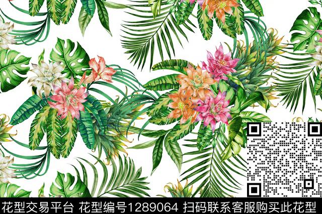 花卉白底花热带华亿平台数码印花华亿平台下载（图片编号: 1289064） - 瓦栏（Walan）
