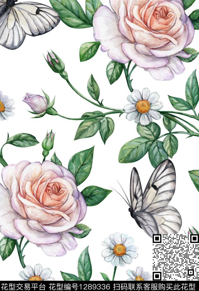 花卉手绘蝴蝶数码印花华亿平台下载（图片编号: 1289336） - 瓦栏（Walan）