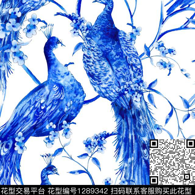 花卉蓝孔雀白底花数码印花华亿平台下载（图片编号: 1289342） - 瓦栏（Walan）