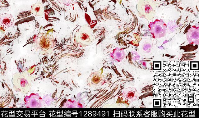 花卉手绘日系水墨数码印花华亿平台下载（图片编号: 1289491） - 瓦栏（Walan）