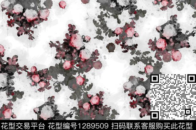 花卉手绘日系水墨数码印花华亿平台下载（图片编号: 1289509） - 瓦栏（Walan）