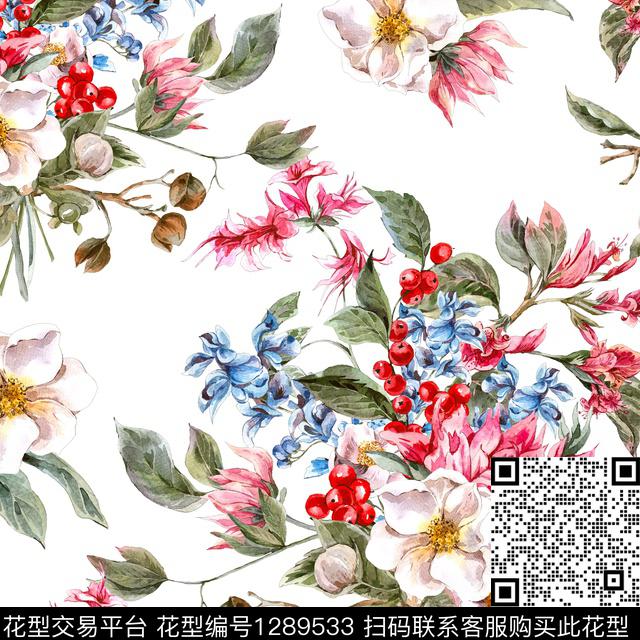 水彩花卉白底花数码印花华亿平台下载（图片编号: 1289533） - 瓦栏（Walan）