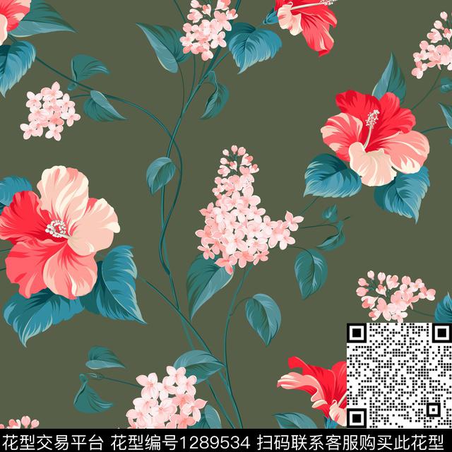 花卉抽象军绿底数码印花华亿平台下载（图片编号: 1289534） - 瓦栏（Walan）