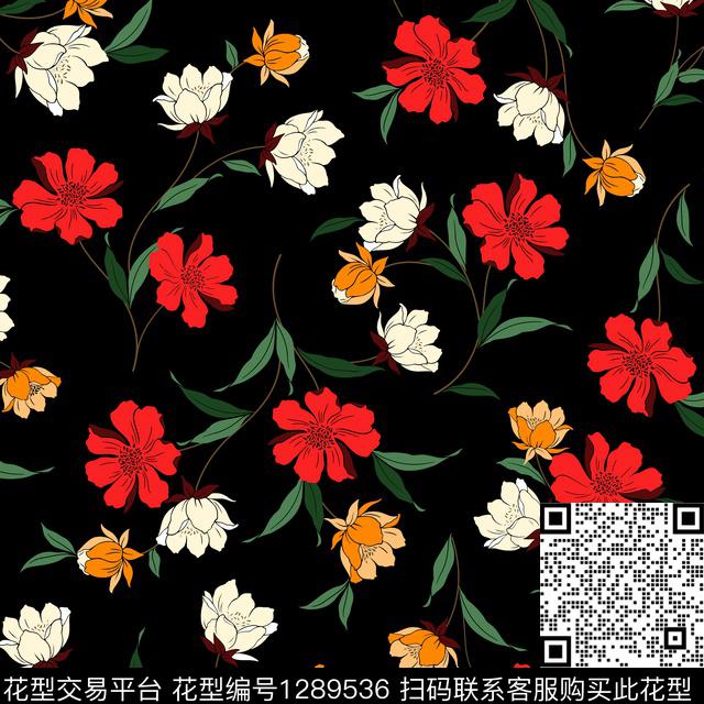 黑底花卉花卉手绘数码印花华亿平台下载（图片编号: 1289536） - 瓦栏（Walan）