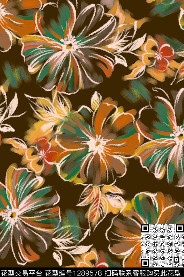 花卉大牌风手绘大花数码印花华亿平台下载（图片编号: 1289578） - 瓦栏（Walan）