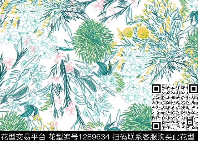 绿色绿植树叶满版散花传统印花华亿平台下载（图片编号: 1289634） - 瓦栏（Walan）