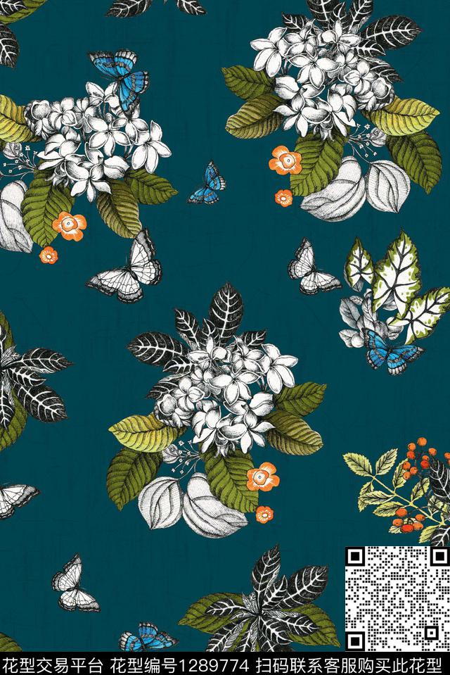 大牌风线条花卉水彩花卉数码印花华亿平台下载（图片编号: 1289774） - 瓦栏（Walan）