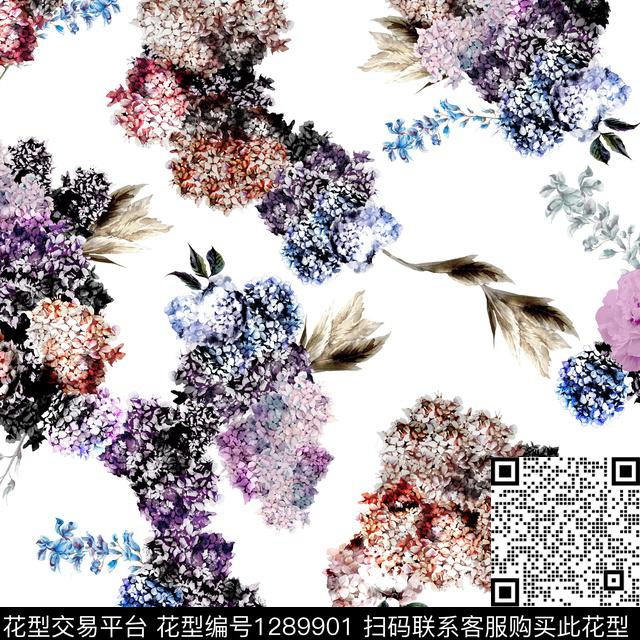水彩绣球花白底花数码印花华亿平台下载（图片编号: 1289901） - 瓦栏（Walan）