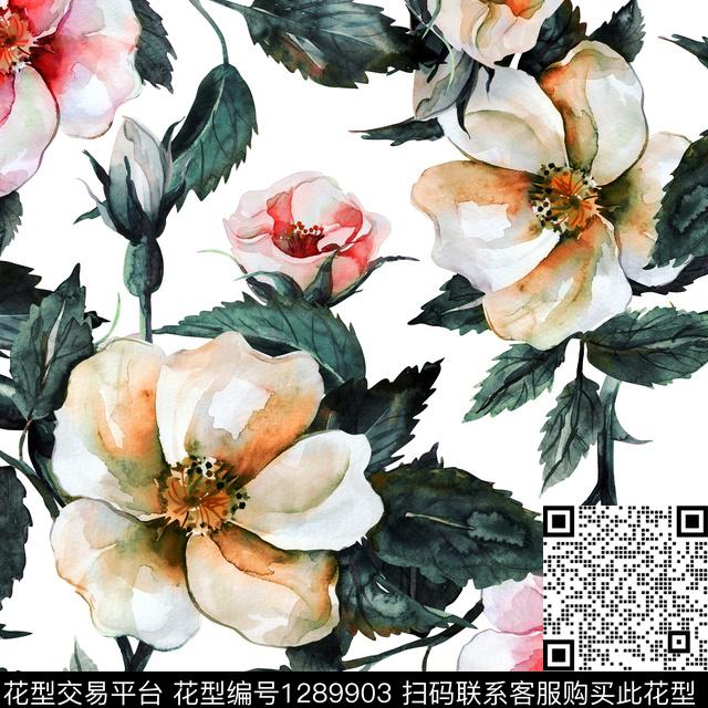 水彩花卉白底花数码印花华亿平台下载（图片编号: 1289903） - 瓦栏（Walan）