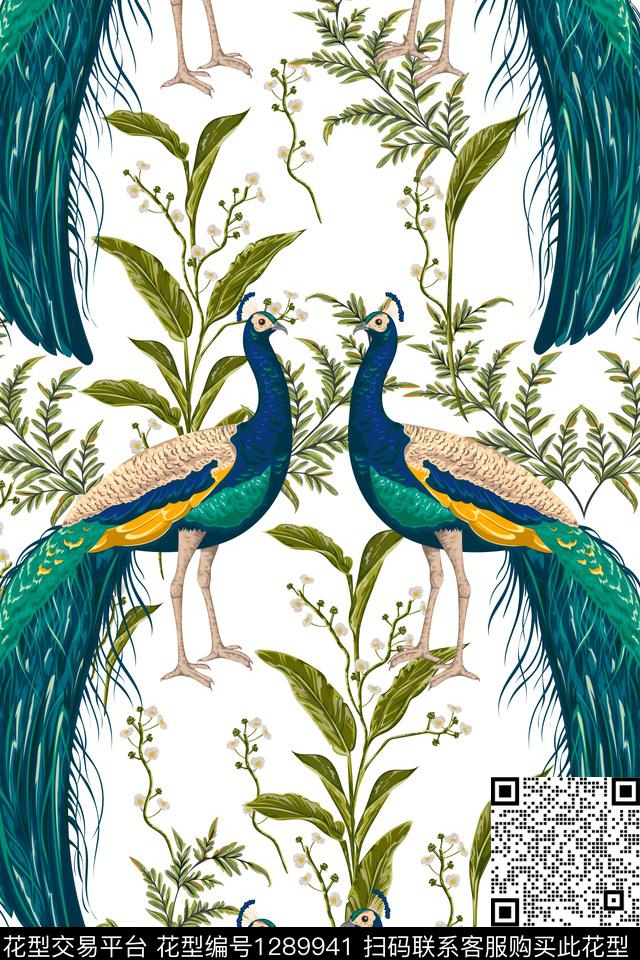 复古水彩孔雀数码印花华亿平台下载（图片编号: 1289941） - 瓦栏（Walan）